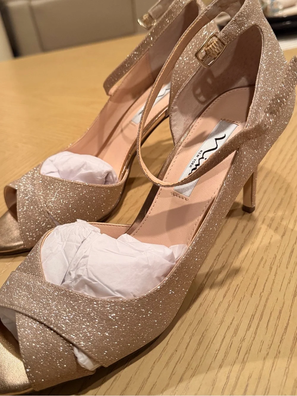 Nina NY Rose Gold Glitter Platform Peep Toe Stiletto Heels